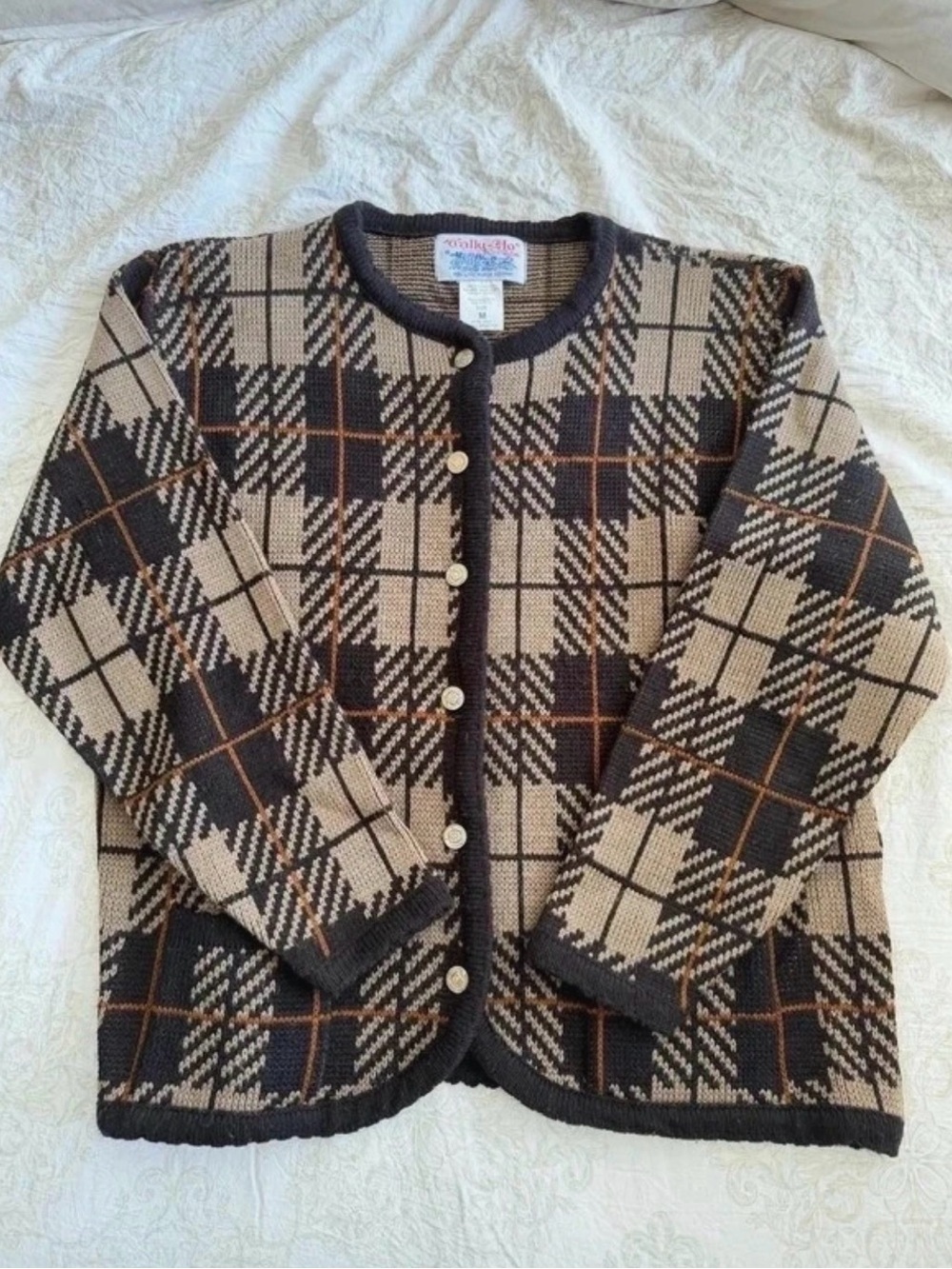Vintage Prep Tally Ho Beige, Black & Brown Plaid Knit Cardigan